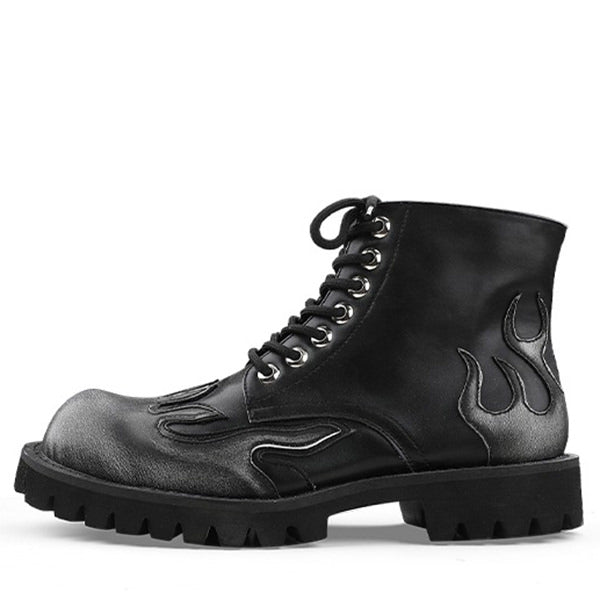 BLACK FLAME-DECORATED COMBAT BOOTS