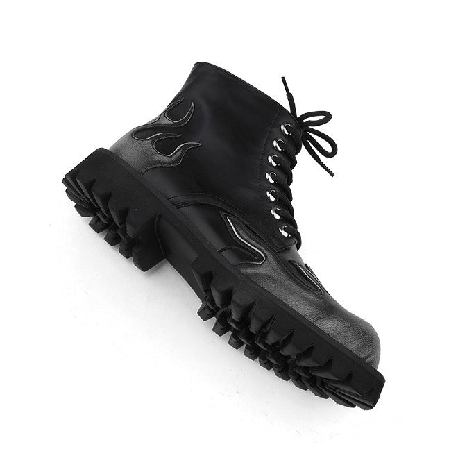 BLACK FLAME-DECORATED COMBAT BOOTS