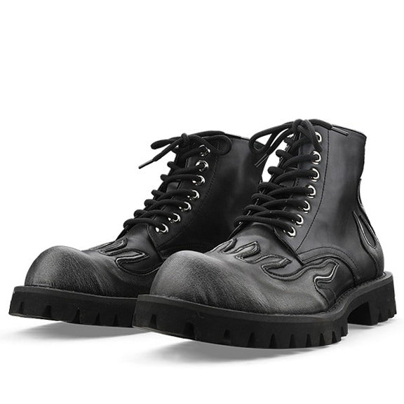 BLACK FLAME-DECORATED COMBAT BOOTS