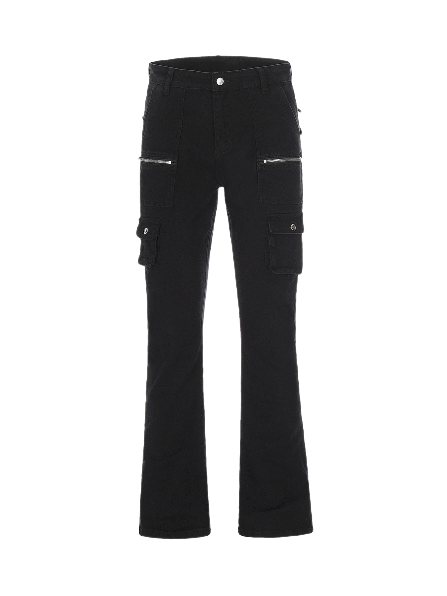 BLACK FLARED CARGO PANTS WITH ZIPPER DETAILS DURABLE COTTON CASUAL