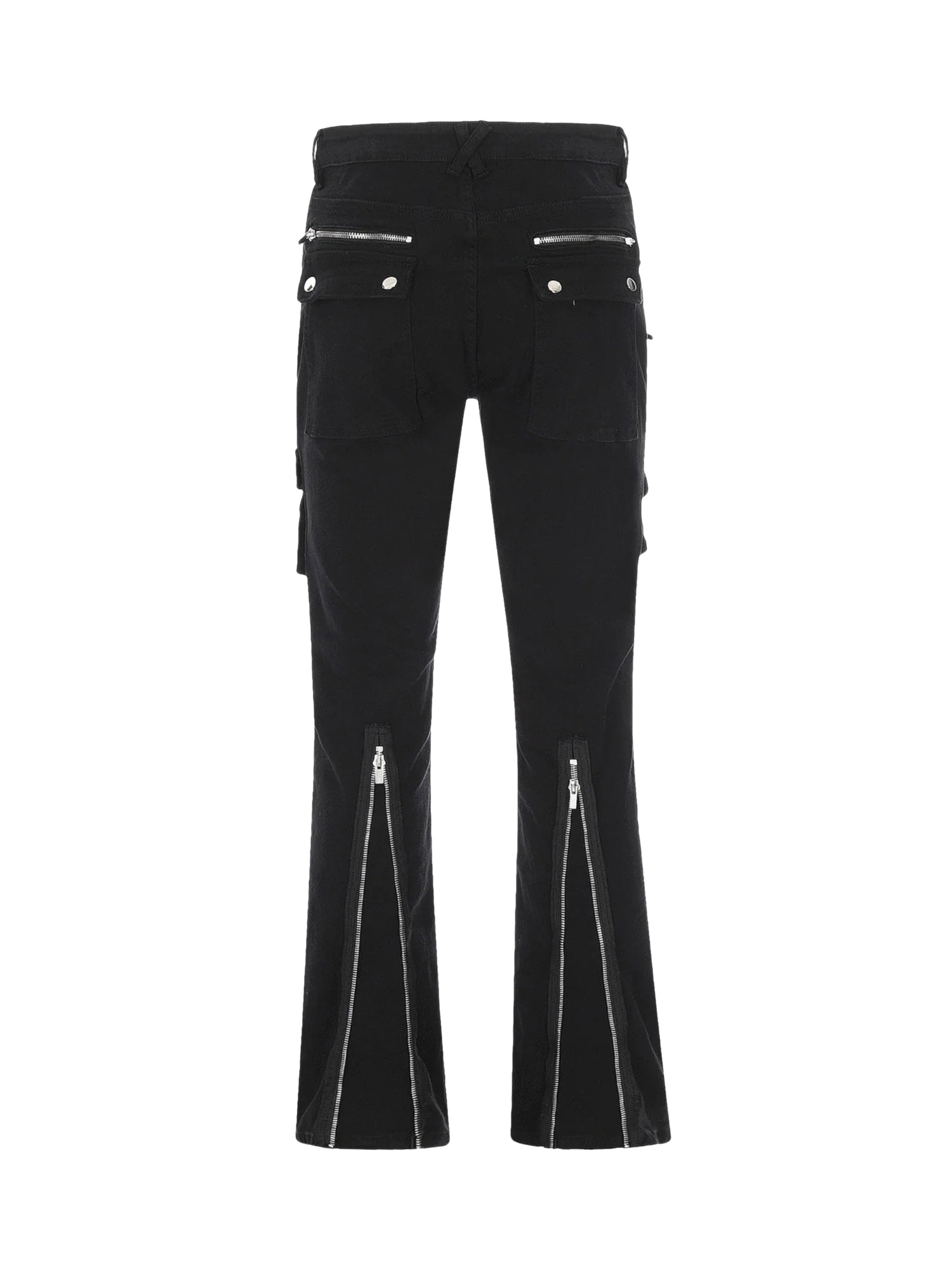 BLACK FLARED CARGO PANTS WITH ZIPPER DETAILS DURABLE COTTON CASUAL