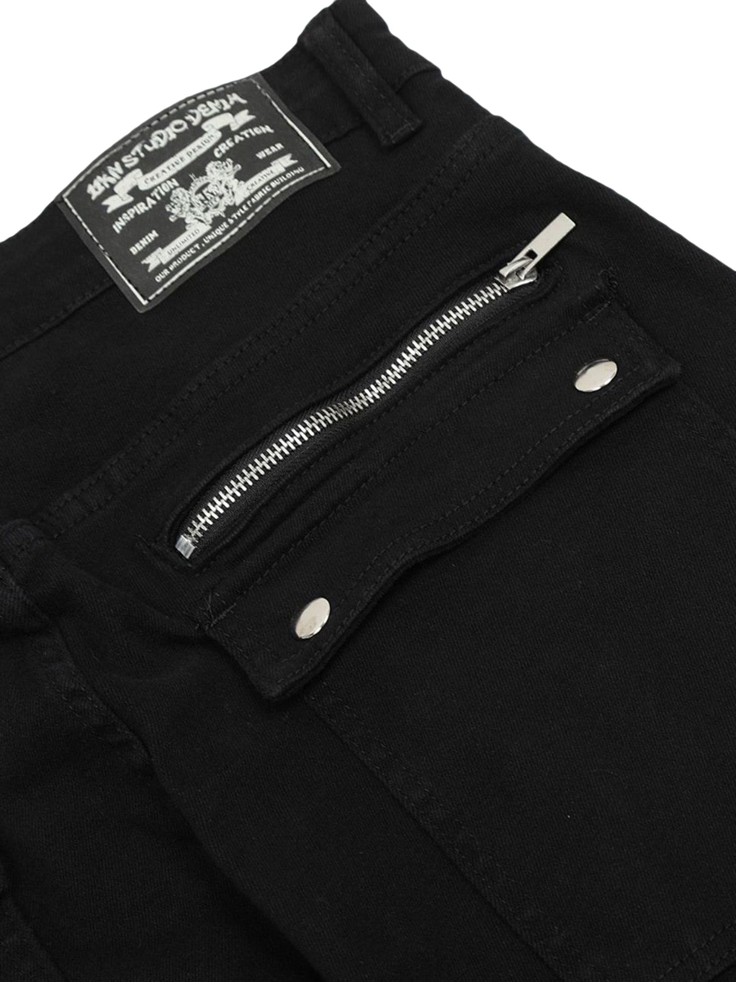 BLACK FLARED CARGO PANTS WITH ZIPPER DETAILS DURABLE COTTON CASUAL