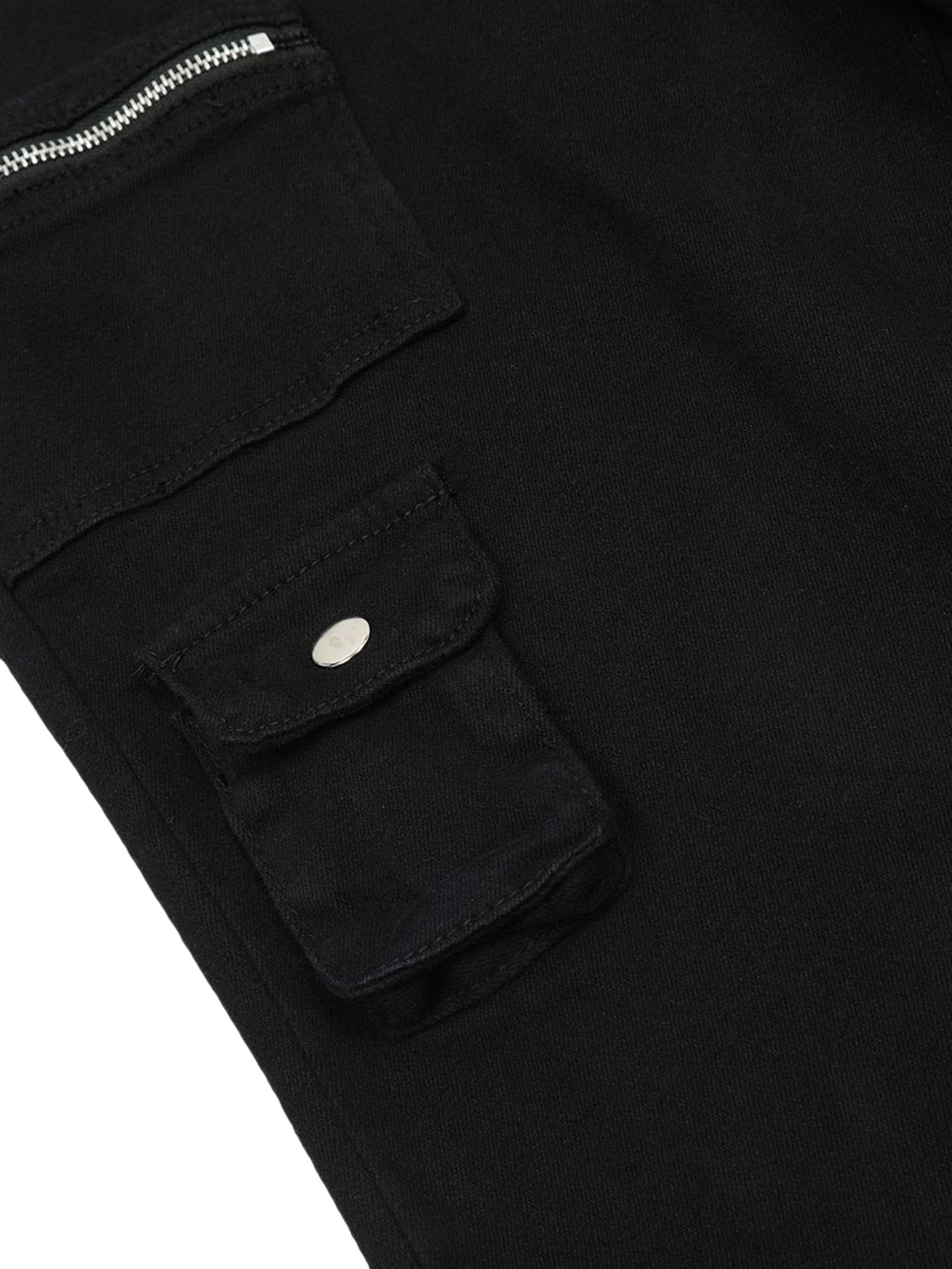 BLACK FLARED CARGO PANTS WITH ZIPPER DETAILS DURABLE COTTON CASUAL