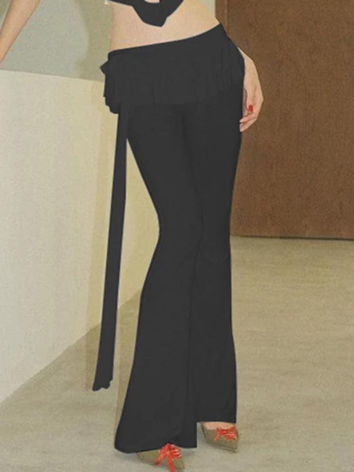 BLACK FLARED PANTS WITH TIE - SLIM FIT STREET STYLE