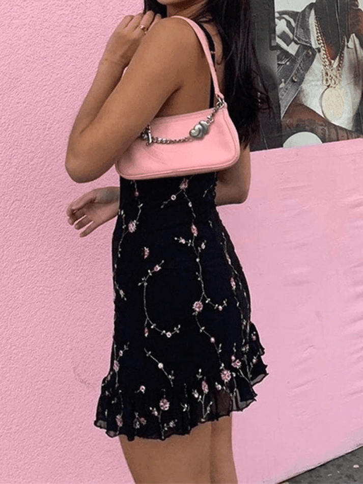 BLACK FLORAL MINI DRESS WITH RUFFLE HEM IN SLIM FIT