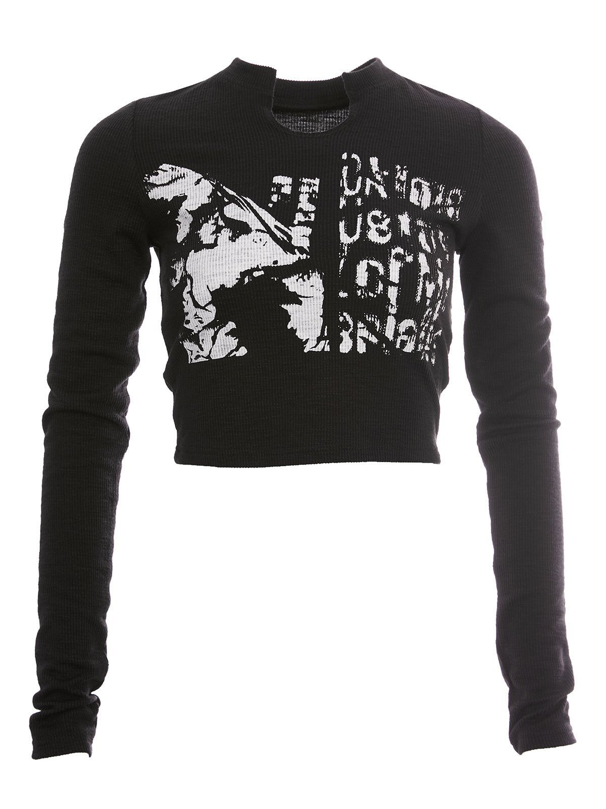 BLACK GRAPHIC LONG-SLEEVE CROP TOP SLIM FIT CREW