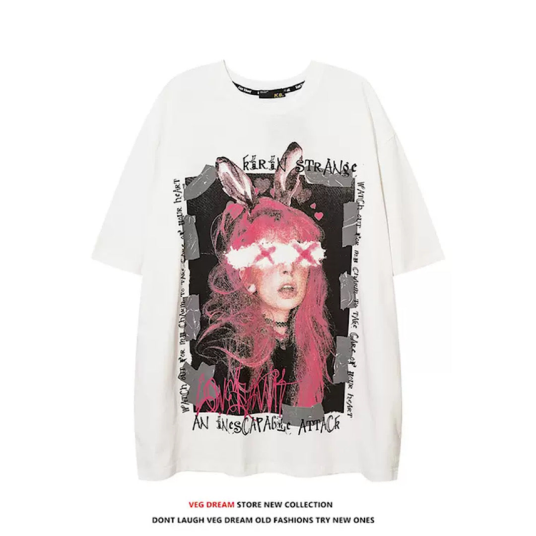 BLACK GRAPHIC SHORT SLEEVE T-SHIRT FEATURING UNIQUE PINK RABBIT DESIGN