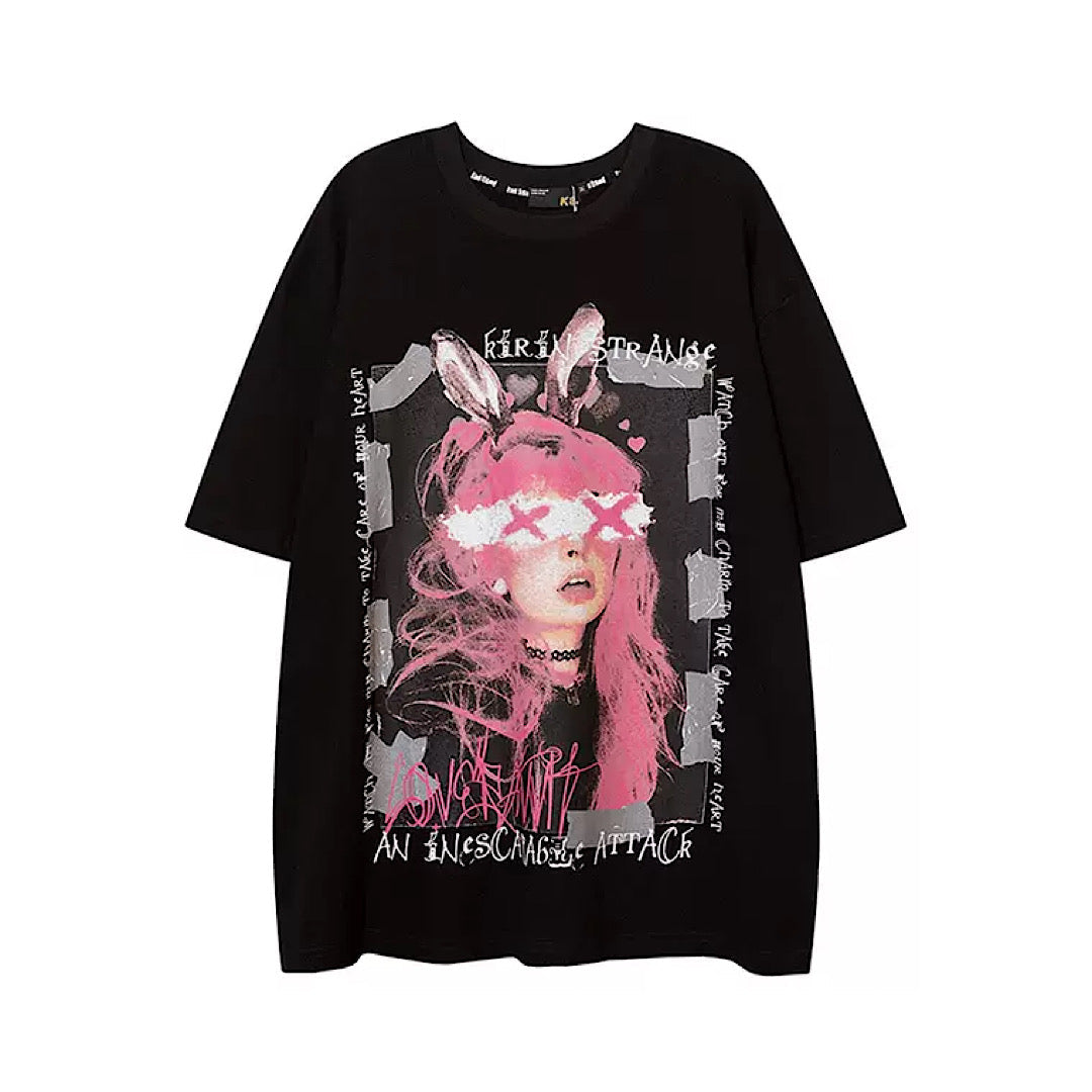 BLACK GRAPHIC SHORT SLEEVE T-SHIRT FEATURING UNIQUE PINK RABBIT DESIGN