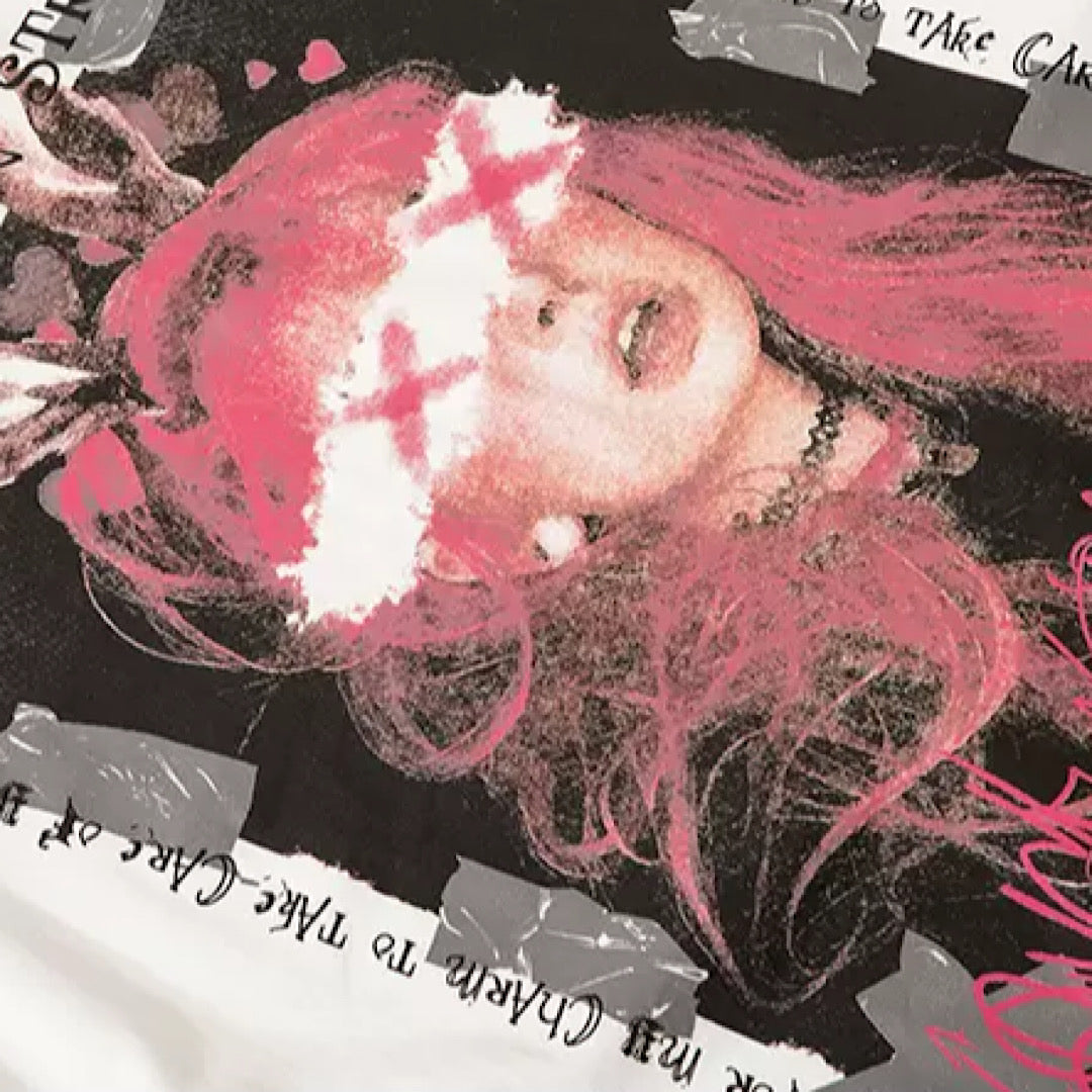 BLACK GRAPHIC SHORT SLEEVE T-SHIRT FEATURING UNIQUE PINK RABBIT DESIGN