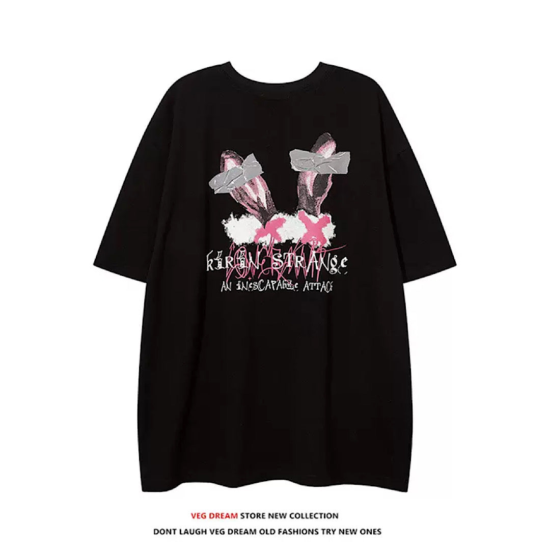 BLACK GRAPHIC SHORT SLEEVE T-SHIRT FEATURING UNIQUE PINK RABBIT DESIGN
