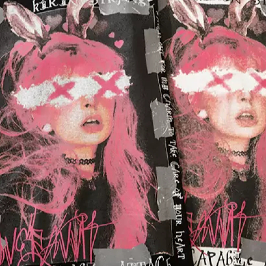 BLACK GRAPHIC SHORT SLEEVE T-SHIRT FEATURING UNIQUE PINK RABBIT DESIGN