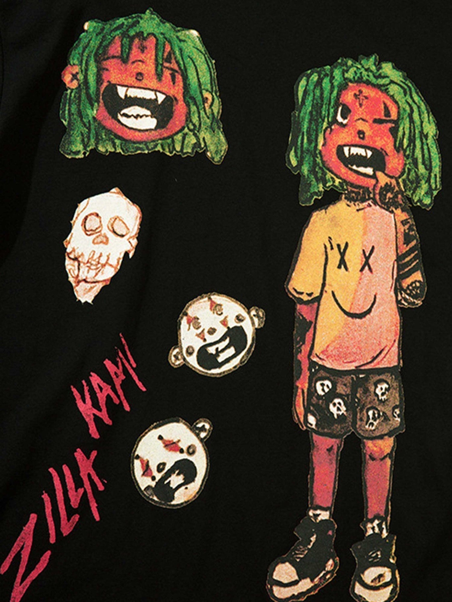 BLACK GRAPHIC T-SHIRT WITH SHORT SLEEVE AND ROUND COLLAR, TRENDY VINTAGE STYLE