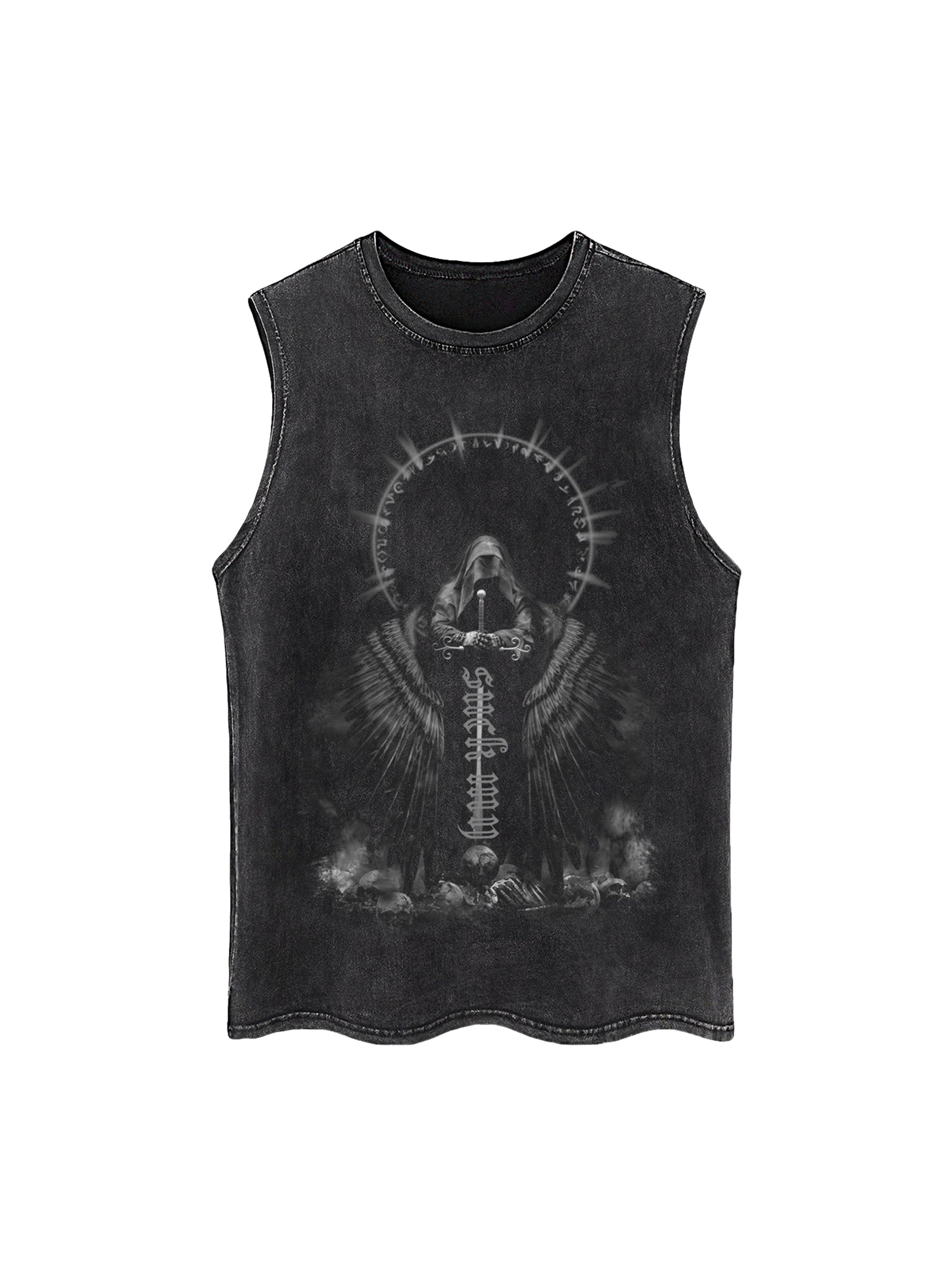 BLACK GRAPHIC TANK TOP WITH PRINTED ROUND NECK DESIGN