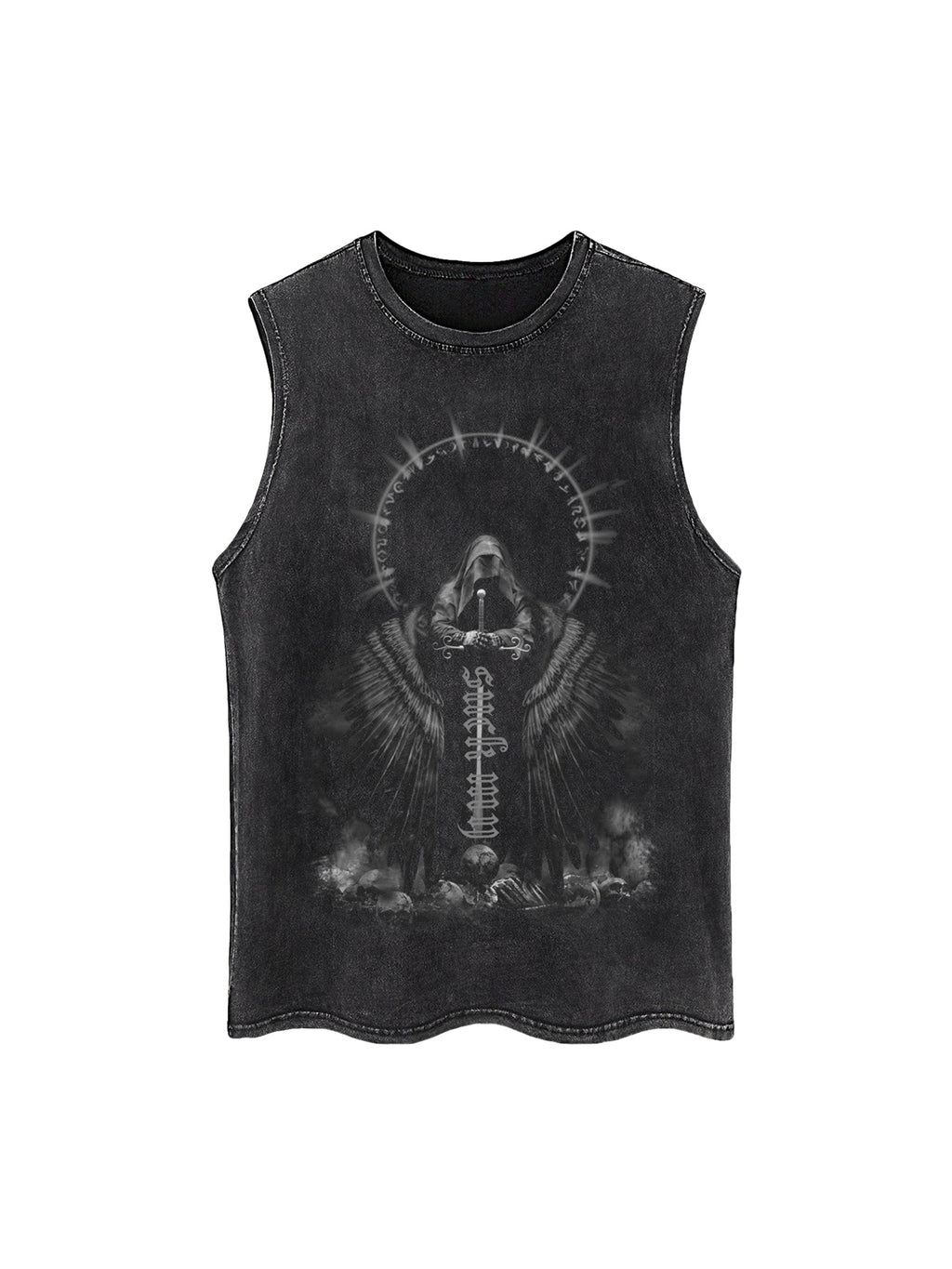 BLACK GRAPHIC TANK TOP WITH PRINTED ROUND NECK DESIGN