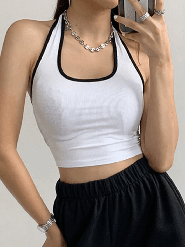 BLACK HALTER CROP TOP WITH CONTRAST COLOR PANEL - CHIC SPORTY STYLE