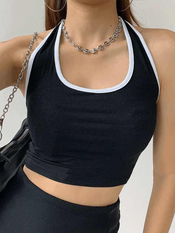 BLACK HALTER CROP TOP WITH CONTRAST COLOR PANEL - CHIC SPORTY STYLE