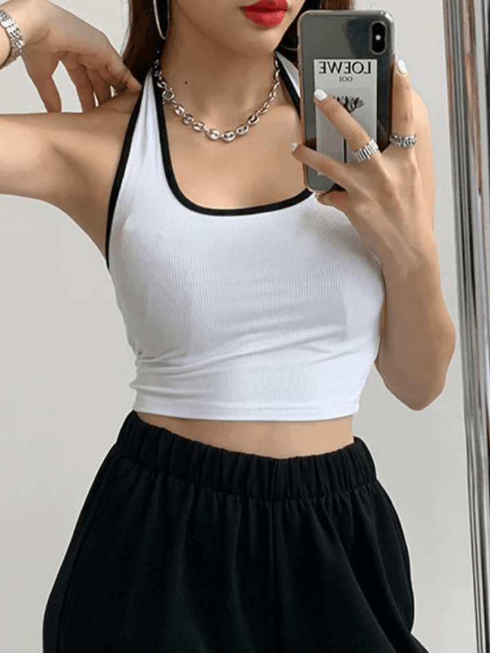 BLACK HALTER CROP TOP WITH CONTRAST COLOR PANEL - CHIC SPORTY STYLE