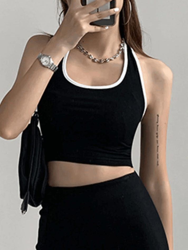 BLACK HALTER CROP TOP WITH CONTRAST COLOR PANEL - CHIC SPORTY STYLE