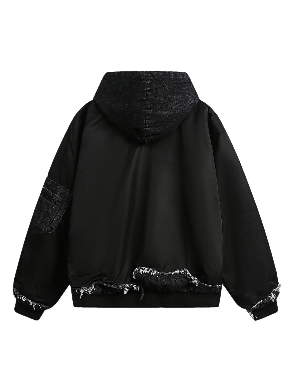 BLACK HOODED BOMBER JACKET WITH DISTRESSED DENIM ACCENTS LOOSE FIT DENIM