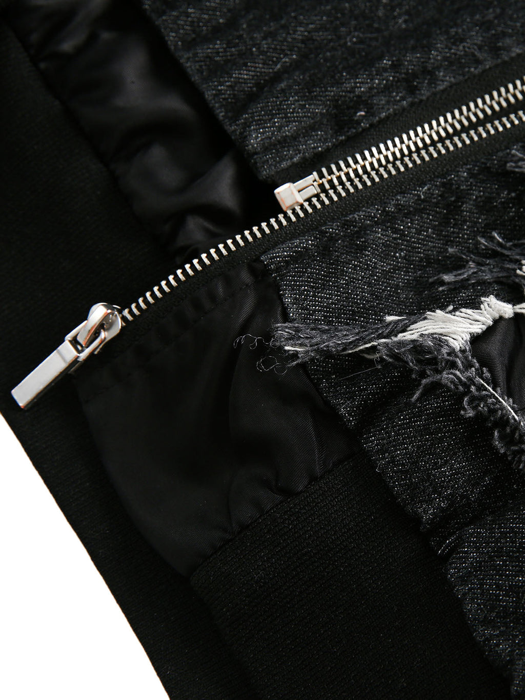 BLACK HOODED BOMBER JACKET WITH DISTRESSED DENIM ACCENTS LOOSE FIT DENIM