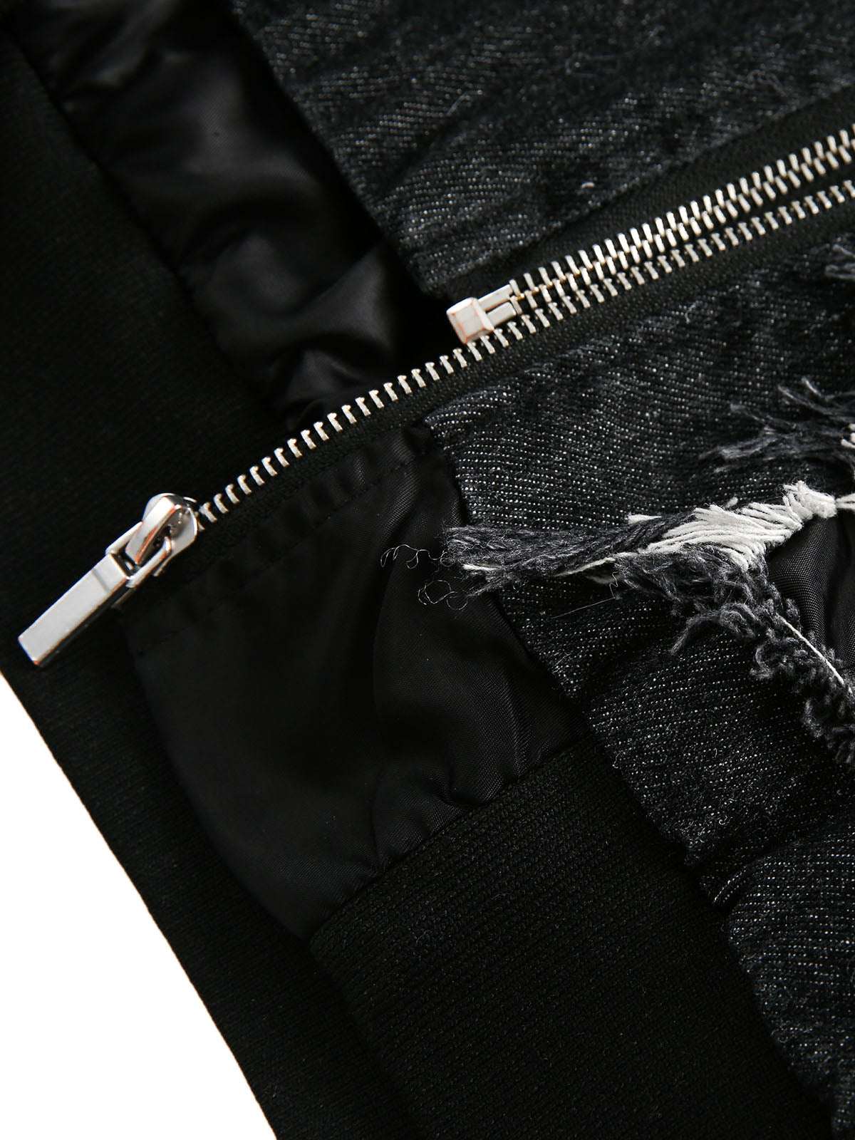 BLACK HOODED BOMBER JACKET WITH DISTRESSED DENIM ACCENTS LOOSE FIT DENIM