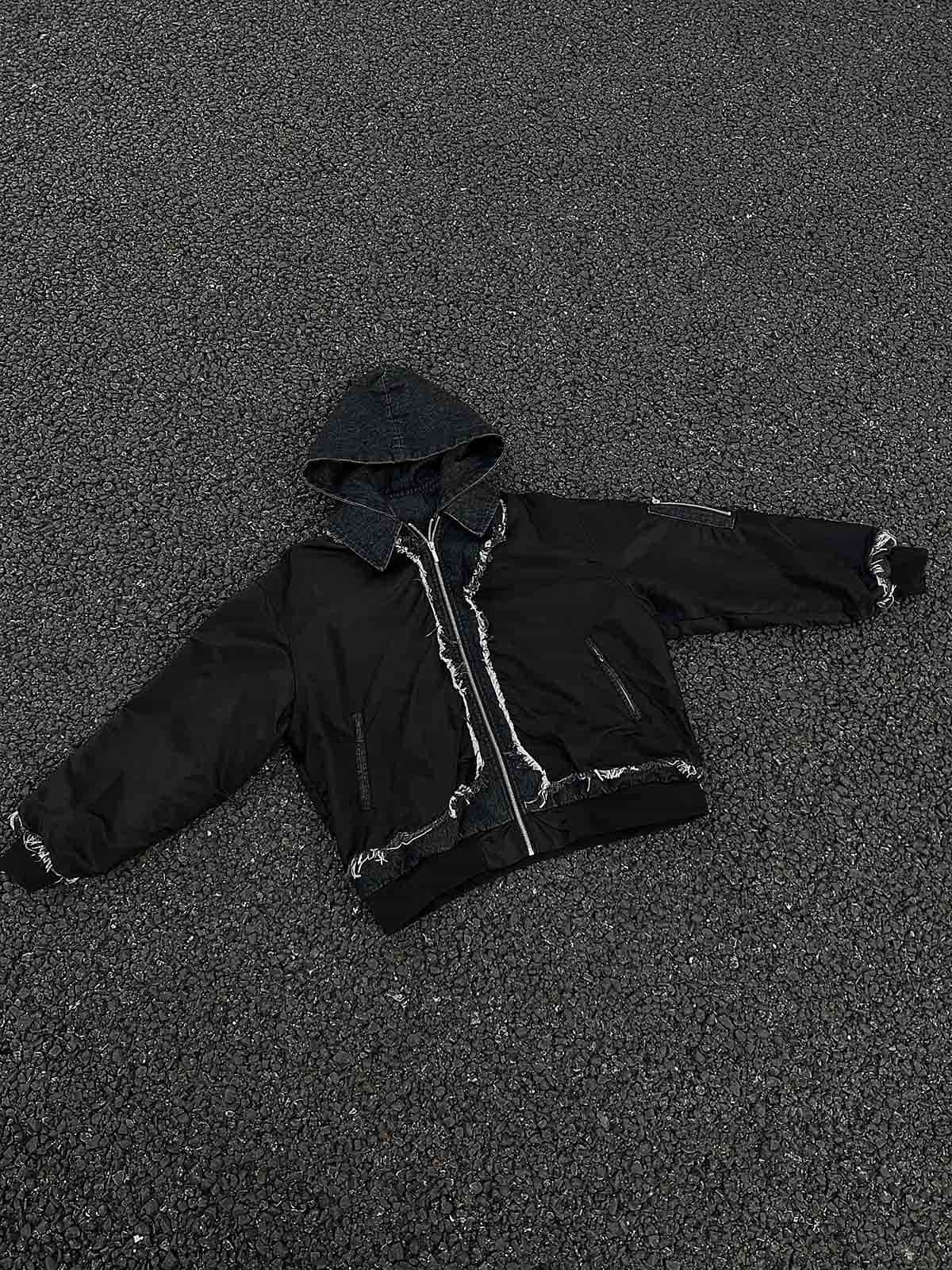 BLACK HOODED BOMBER JACKET WITH DISTRESSED DENIM ACCENTS LOOSE FIT DENIM