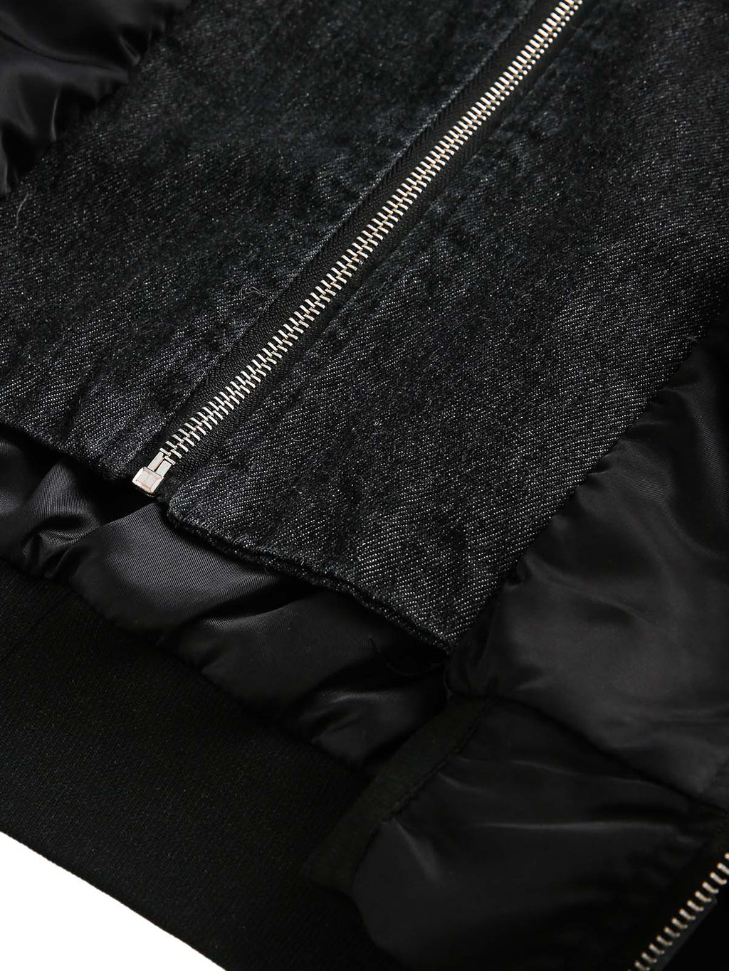 BLACK HOODED BOMBER JACKET WITH DISTRESSED DENIM ACCENTS LOOSE FIT DENIM