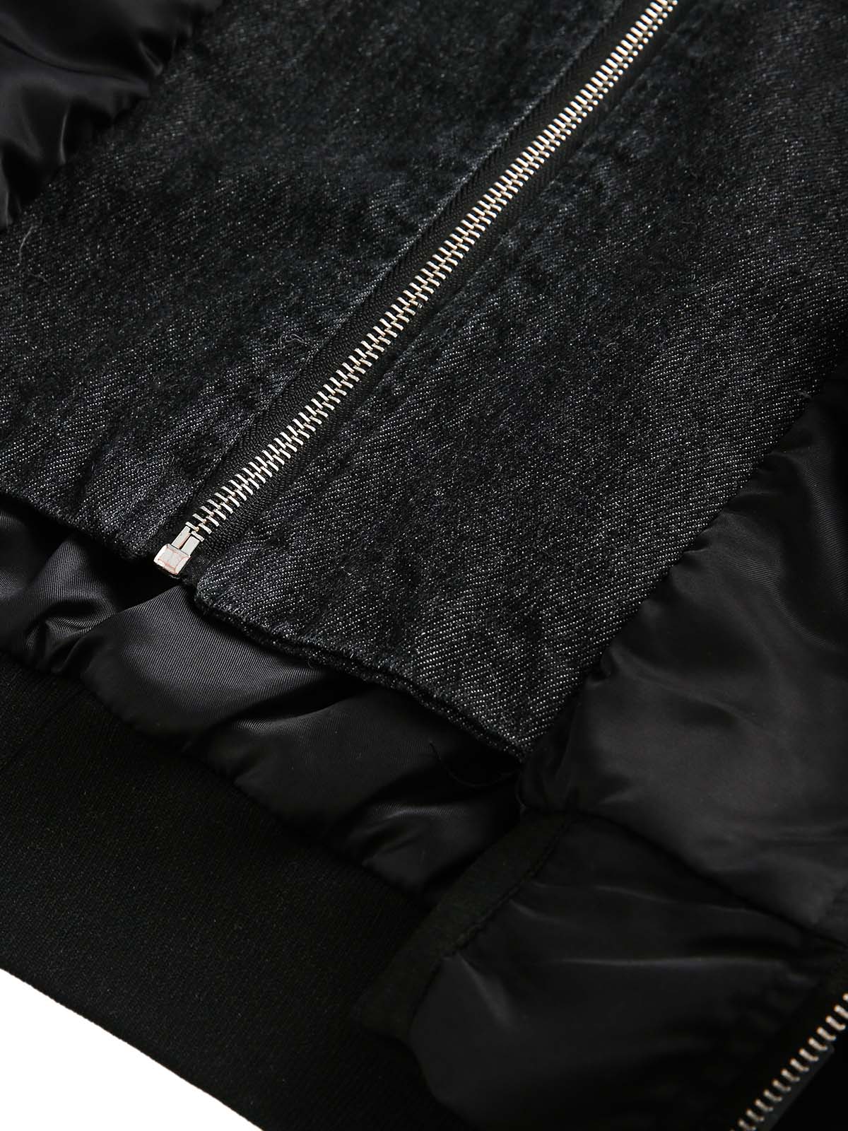 BLACK HOODED BOMBER JACKET WITH DISTRESSED DENIM ACCENTS LOOSE FIT DENIM