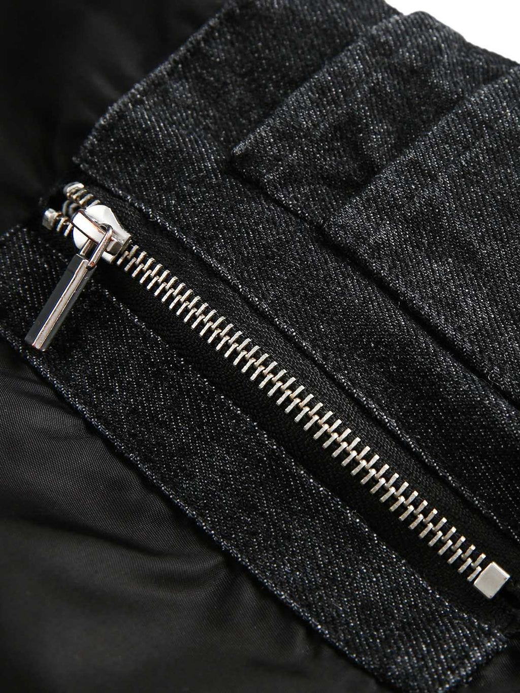 BLACK HOODED BOMBER JACKET WITH DISTRESSED DENIM ACCENTS LOOSE FIT DENIM