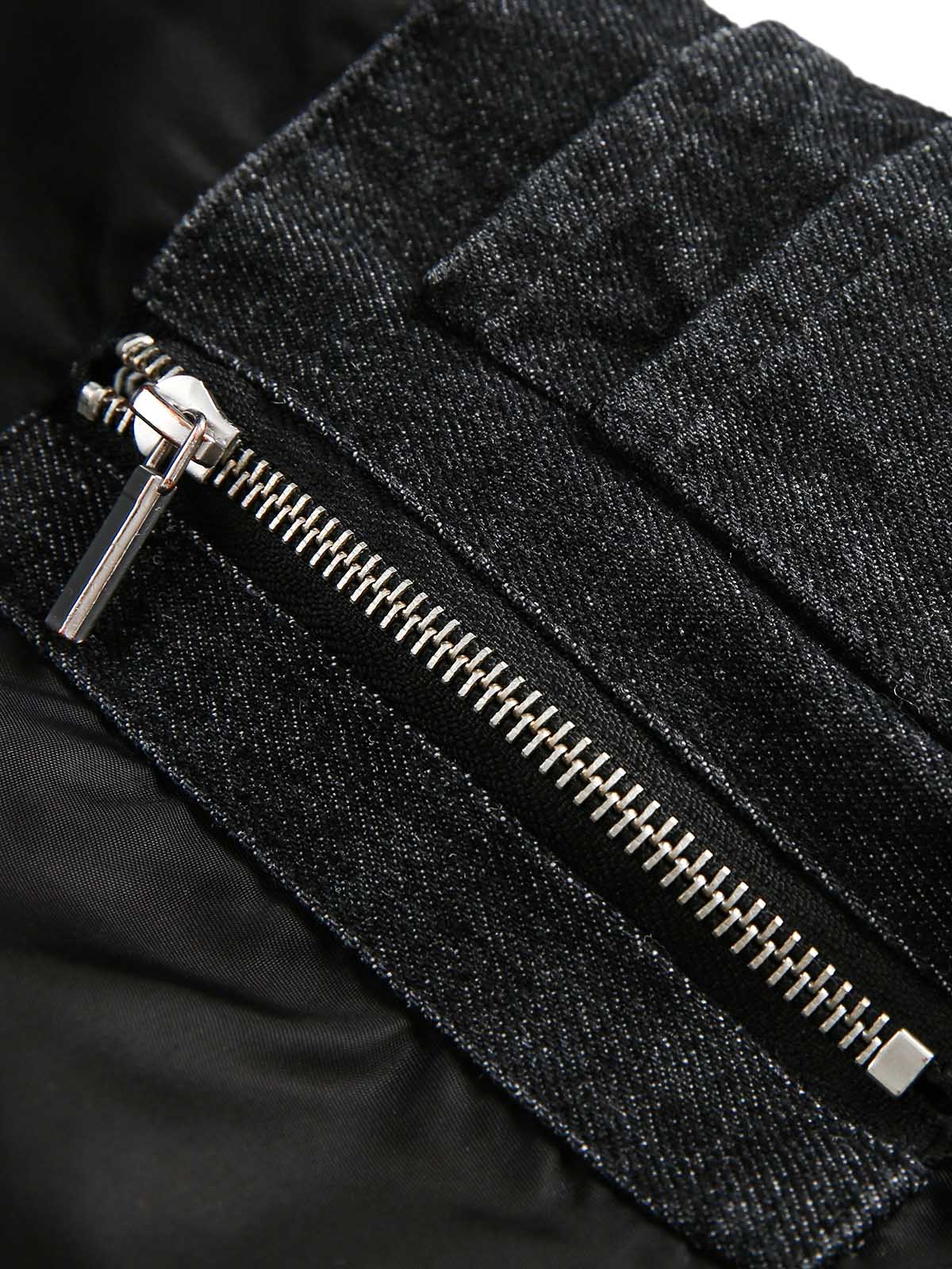 BLACK HOODED BOMBER JACKET WITH DISTRESSED DENIM ACCENTS LOOSE FIT DENIM