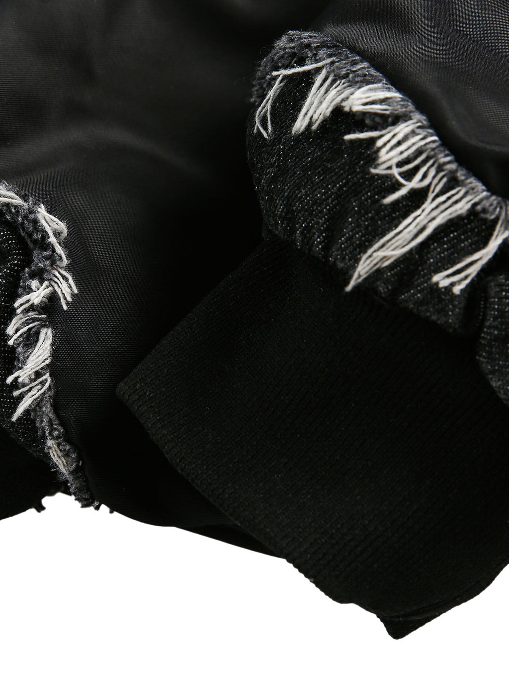 BLACK HOODED BOMBER JACKET WITH DISTRESSED DENIM ACCENTS LOOSE FIT DENIM