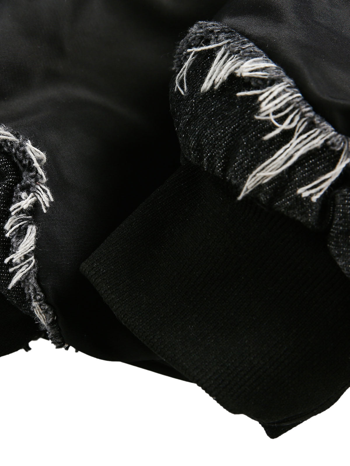 BLACK HOODED BOMBER JACKET WITH DISTRESSED DENIM ACCENTS LOOSE FIT DENIM