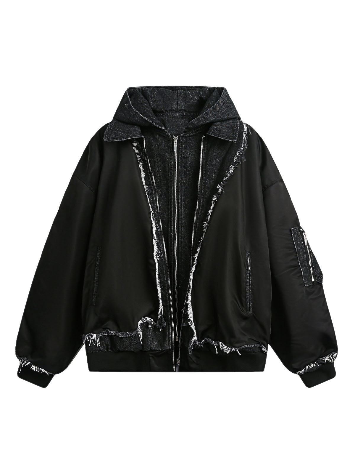 BLACK HOODED BOMBER JACKET WITH DISTRESSED DENIM ACCENTS LOOSE FIT DENIM