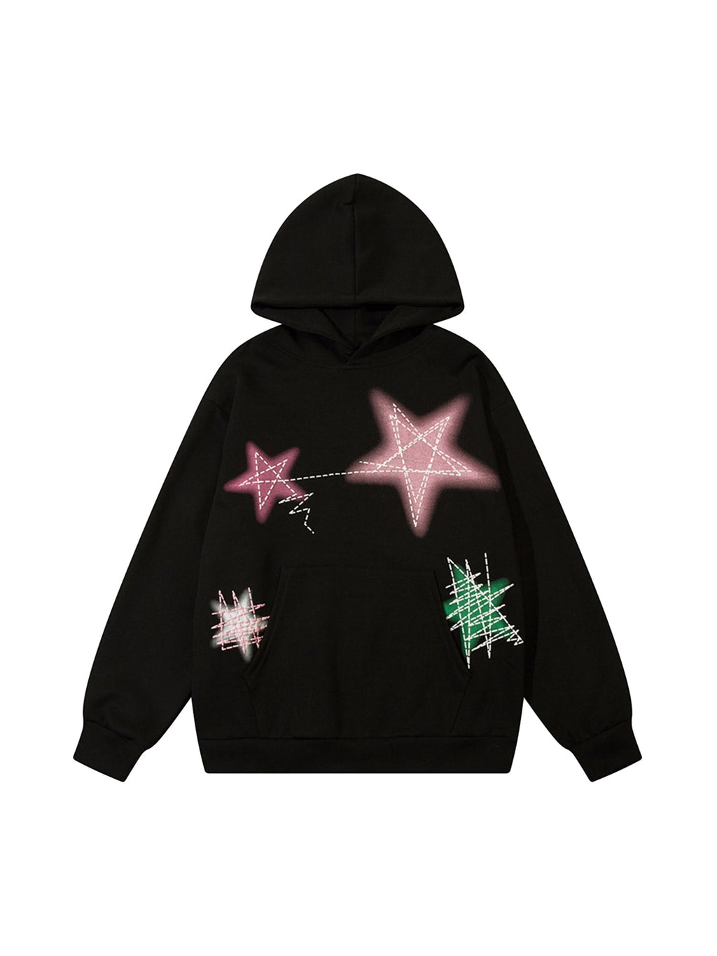 BLACK HOODIE WITH STAR PATCHES TRENDY COTTON BLEND HOODED