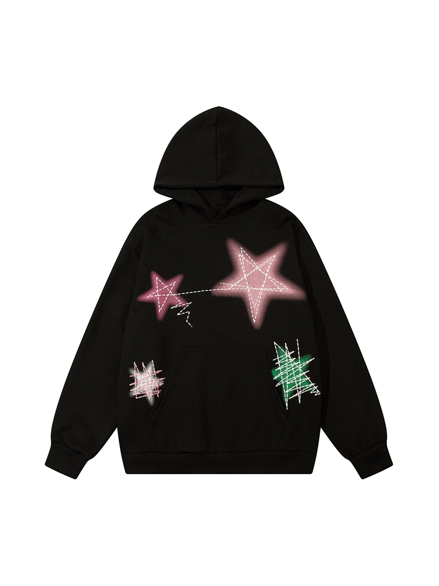 BLACK HOODIE WITH STAR PATCHES TRENDY COTTON BLEND HOODED