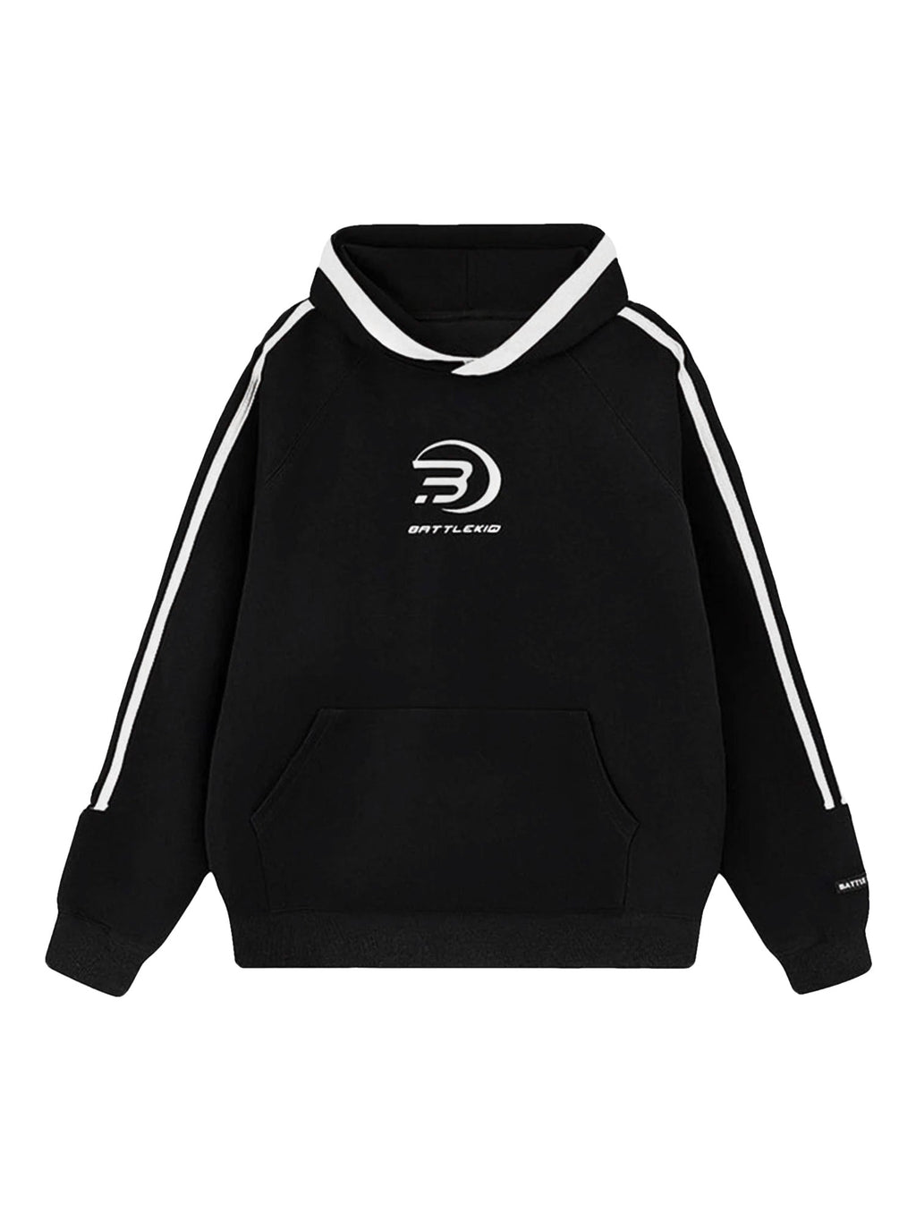 BLACK HOODIE WITH WHITE STRIPES LONG SLEEVE PULLOVER FOR DAILY WEAR