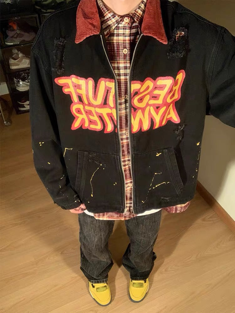 BLACK JACKET WITH RED COLLAR - RETRO PATCHWORK LETTER DENIM JACKET