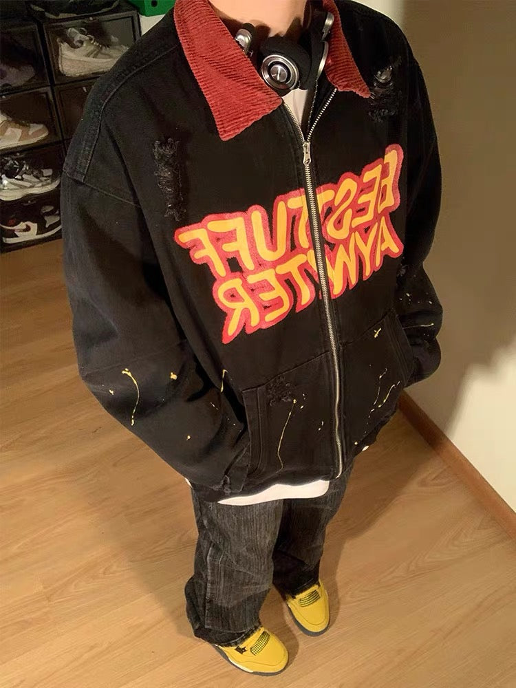 BLACK JACKET WITH RED COLLAR - RETRO PATCHWORK LETTER DENIM JACKET
