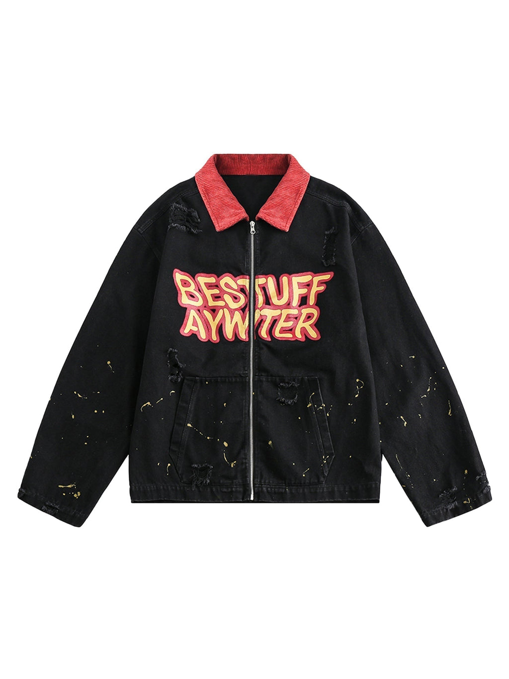 BLACK JACKET WITH RED COLLAR - RETRO PATCHWORK LETTER DENIM JACKET
