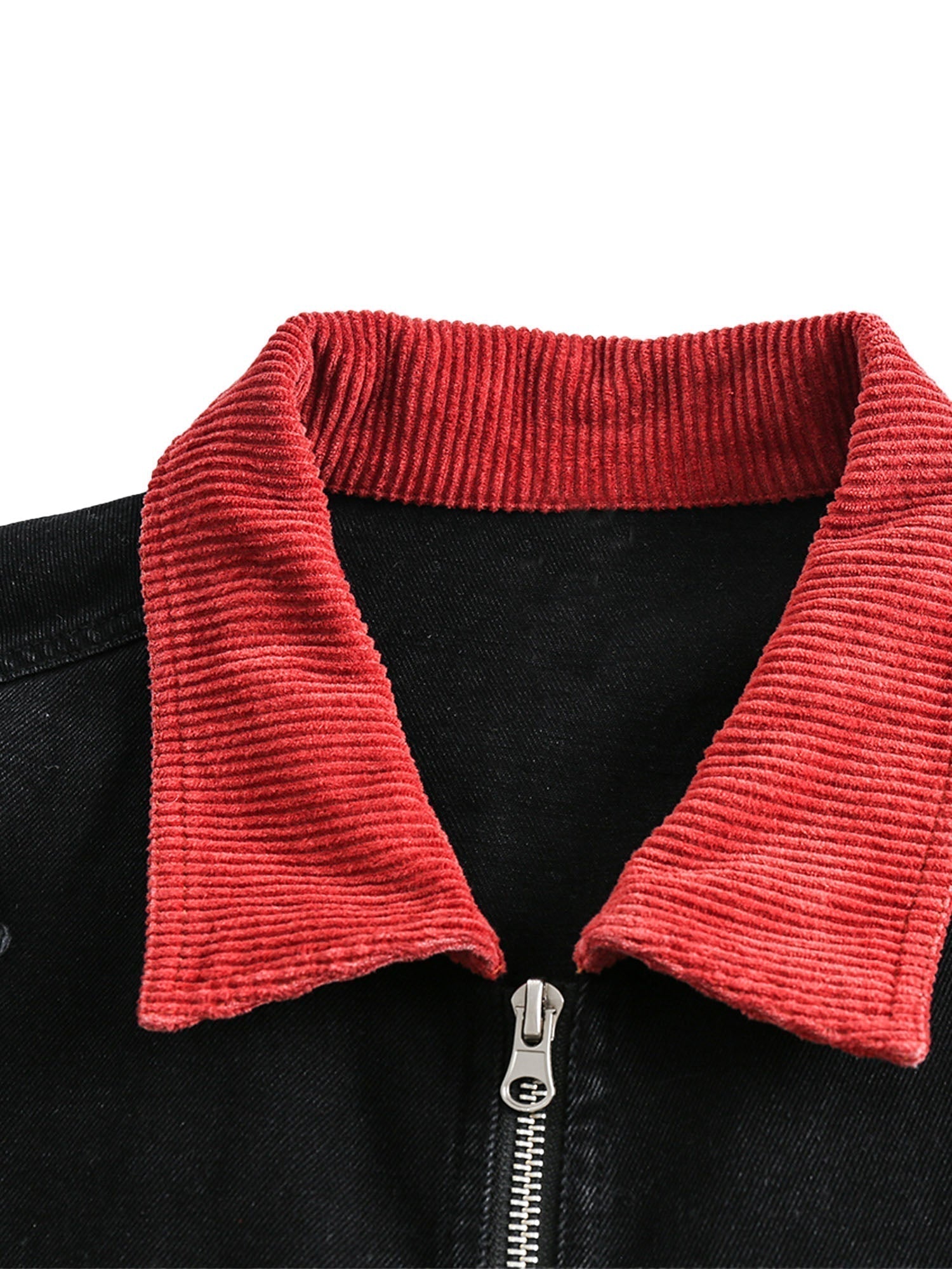 BLACK JACKET WITH RED COLLAR - RETRO PATCHWORK LETTER DENIM JACKET