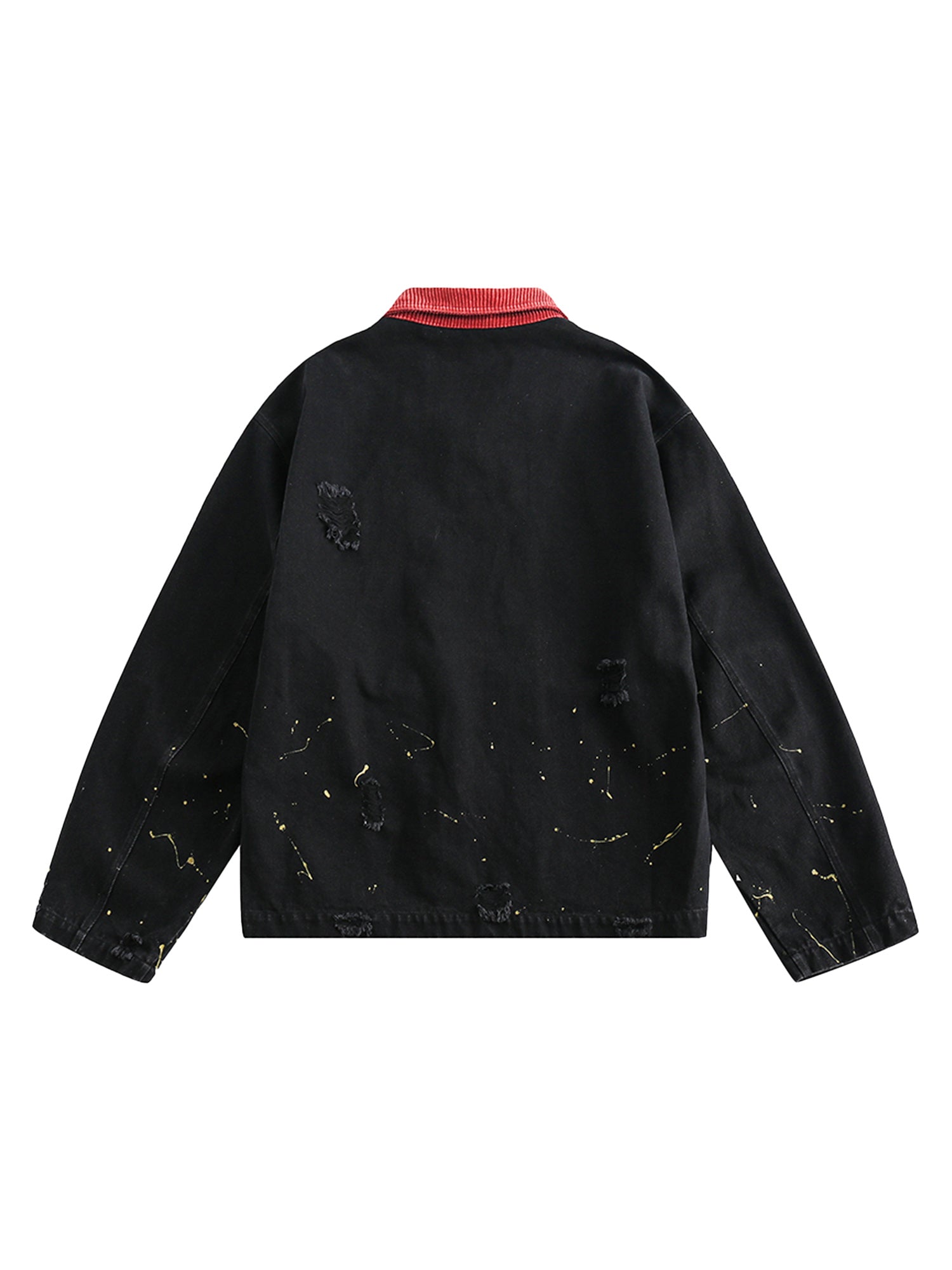 BLACK JACKET WITH RED COLLAR - RETRO PATCHWORK LETTER DENIM JACKET
