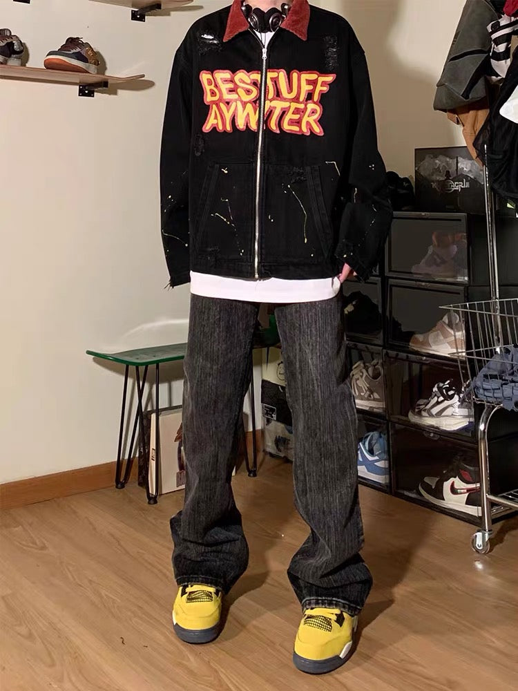 BLACK JACKET WITH RED COLLAR - RETRO PATCHWORK LETTER DENIM JACKET