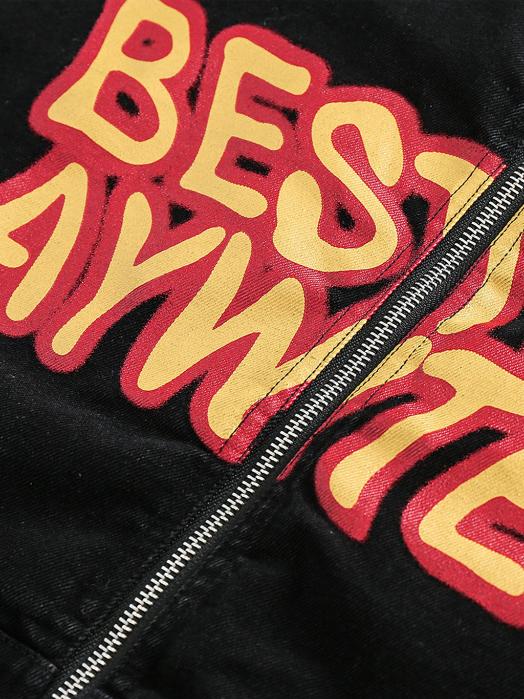 BLACK JACKET WITH RED COLLAR - RETRO PATCHWORK LETTER DENIM JACKET