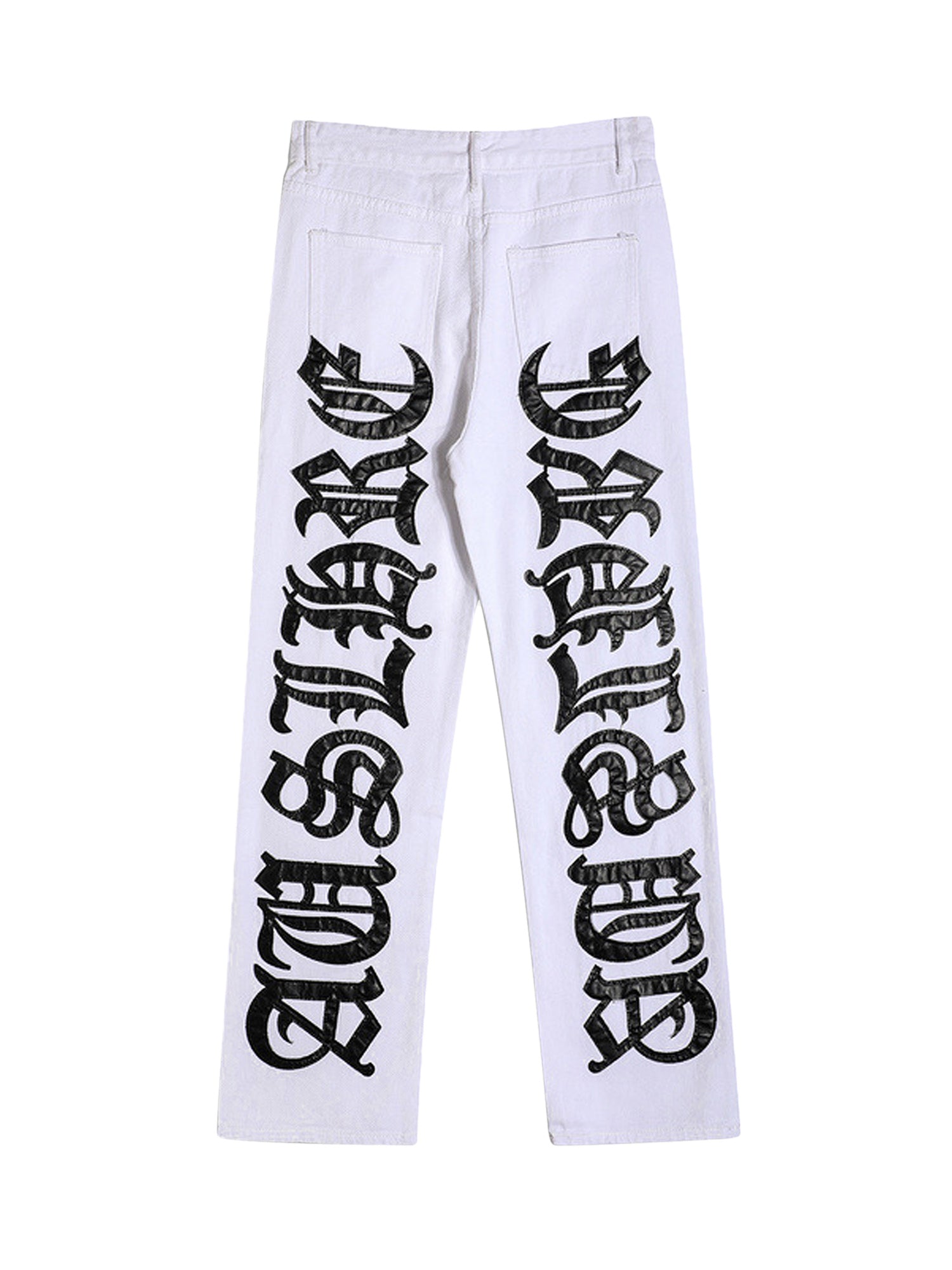 BLACK JEANS WITH ORANGE GOTHIC LETTERING FASHION STATEMENT APPAREL