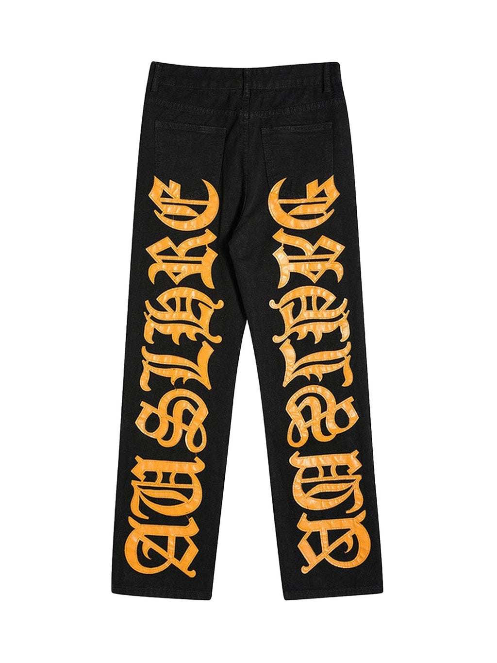 BLACK JEANS WITH ORANGE GOTHIC LETTERING FASHION STATEMENT APPAREL