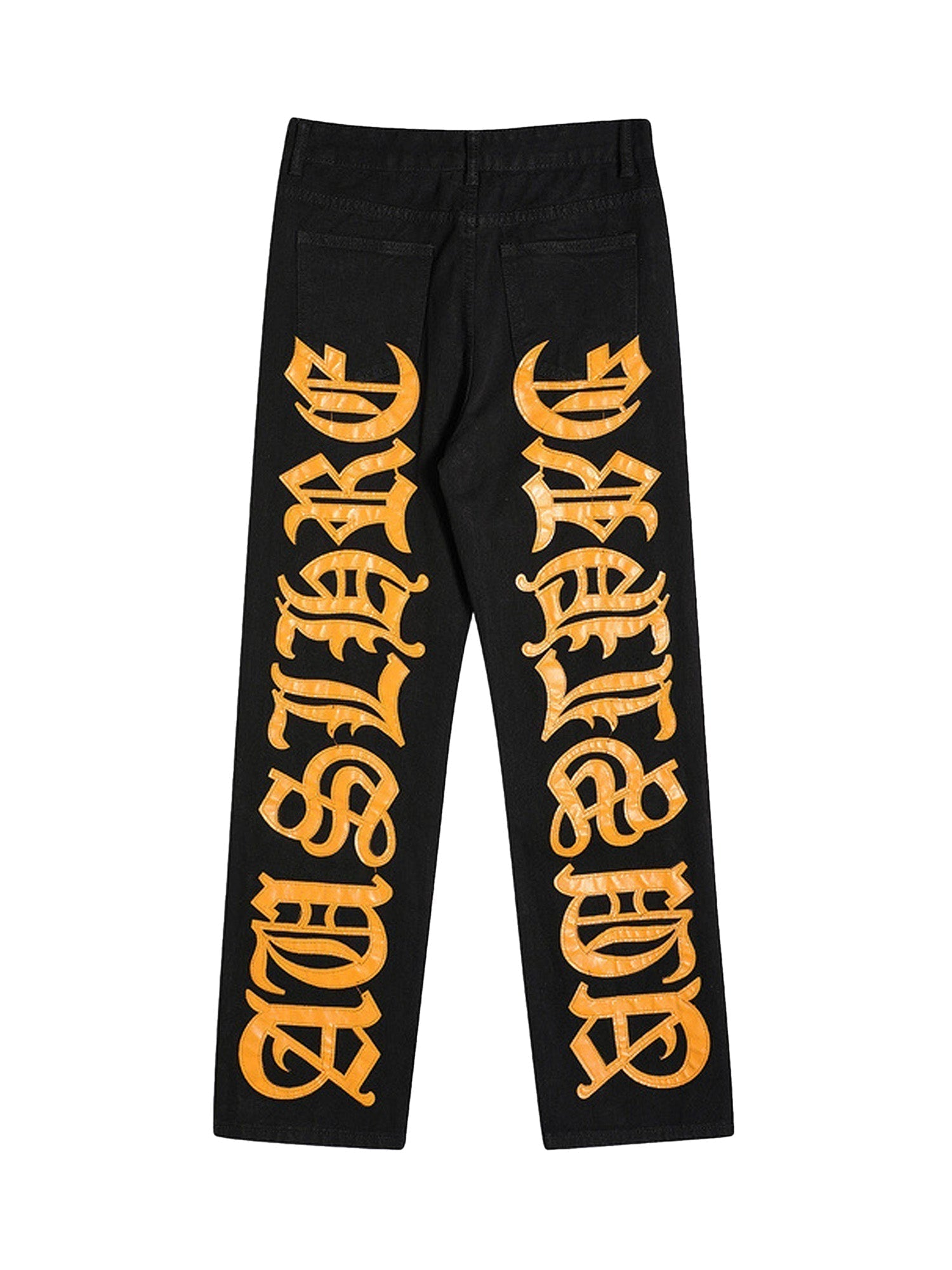 BLACK JEANS WITH ORANGE GOTHIC LETTERING FASHION STATEMENT APPAREL