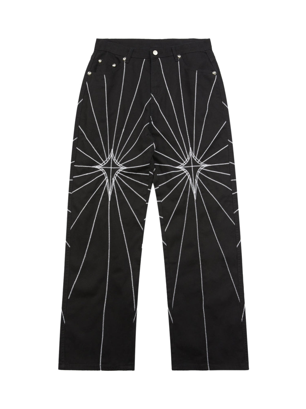 BLACK JEANS WITH WHITE STARBURST DESIGN - MID WAIST STRAIGHT LEG STYLE