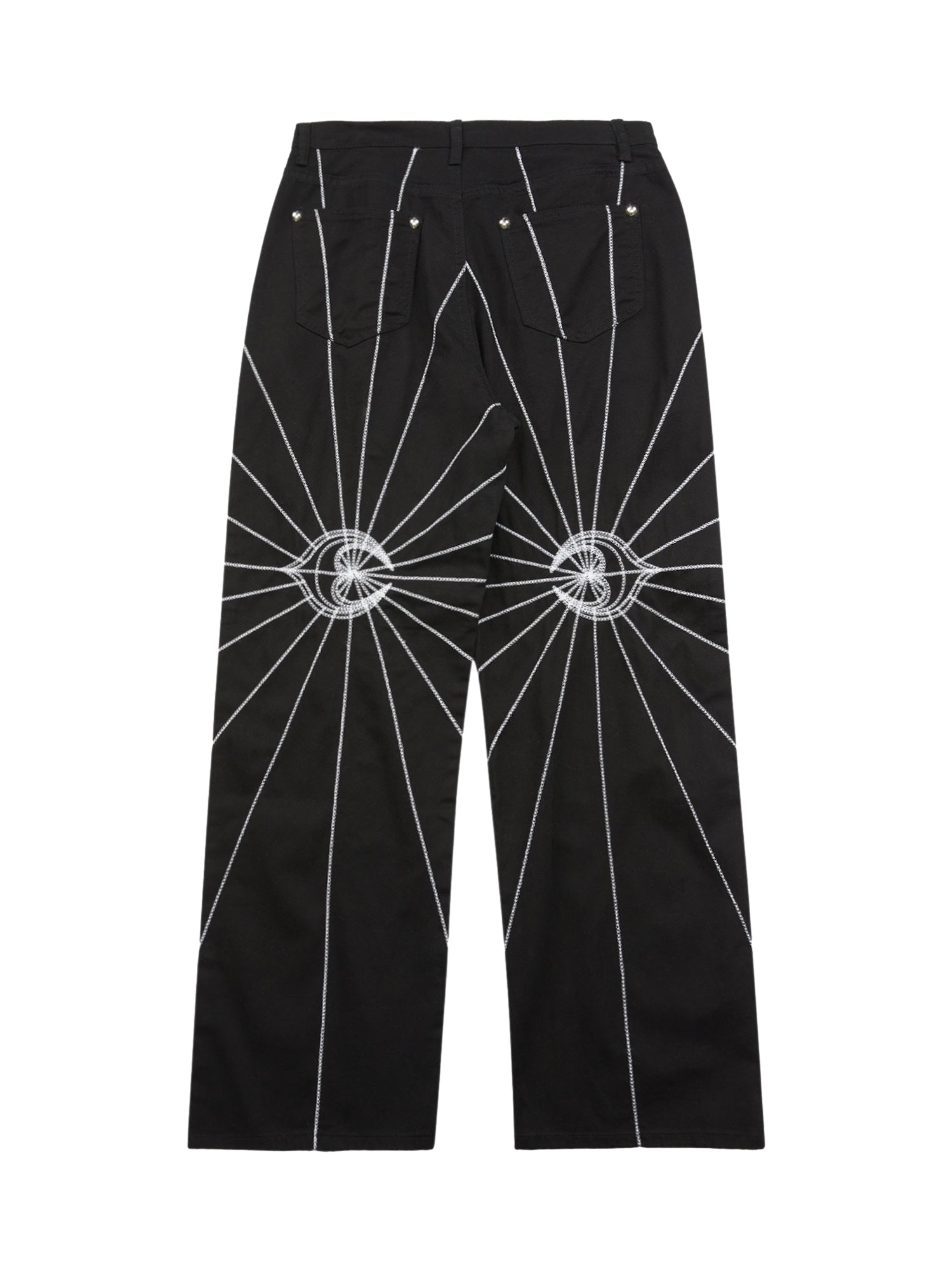 BLACK JEANS WITH WHITE STARBURST DESIGN - MID WAIST STRAIGHT LEG STYLE