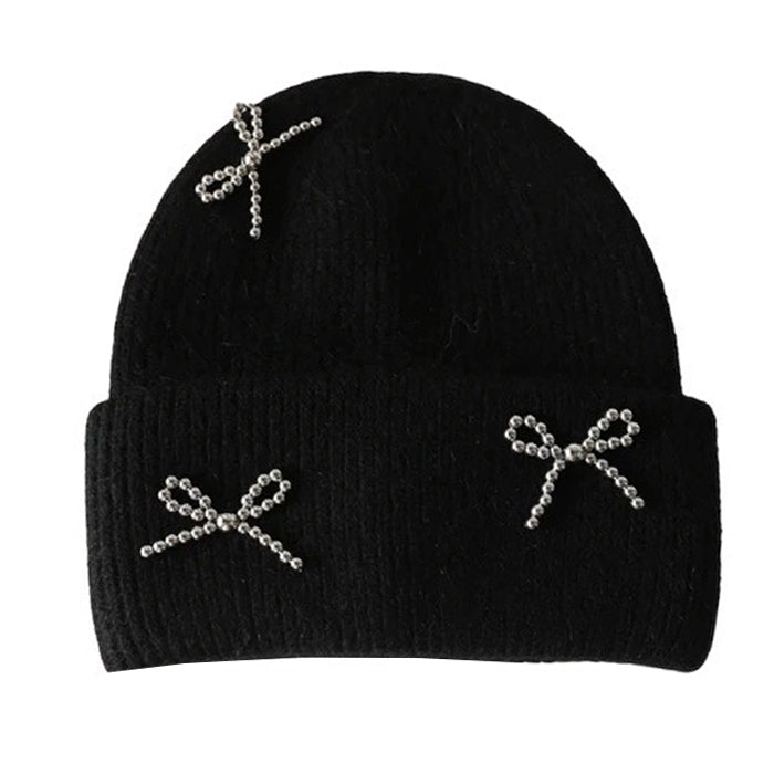 BLACK KNIT BEANIE WITH BEADED BOWS WINTER HAT