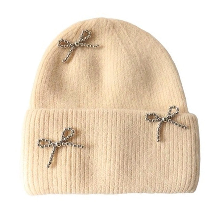 BLACK KNIT BEANIE WITH BEADED BOWS WINTER HAT
